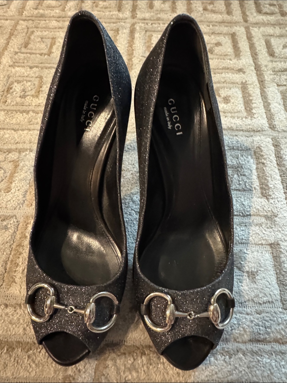 Gucci Women's Glitter Open-Toe Heels in Silver-Gray with Horsebit Detail